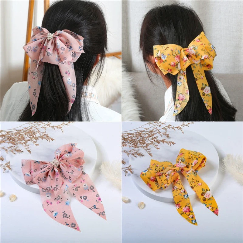 Floral Printed Hair Clip Korea Fashion Big Bow Ribbon Hair Tie Small Fresh Floral Hairpin Bowknot Hair Duckbill Clip Accessories