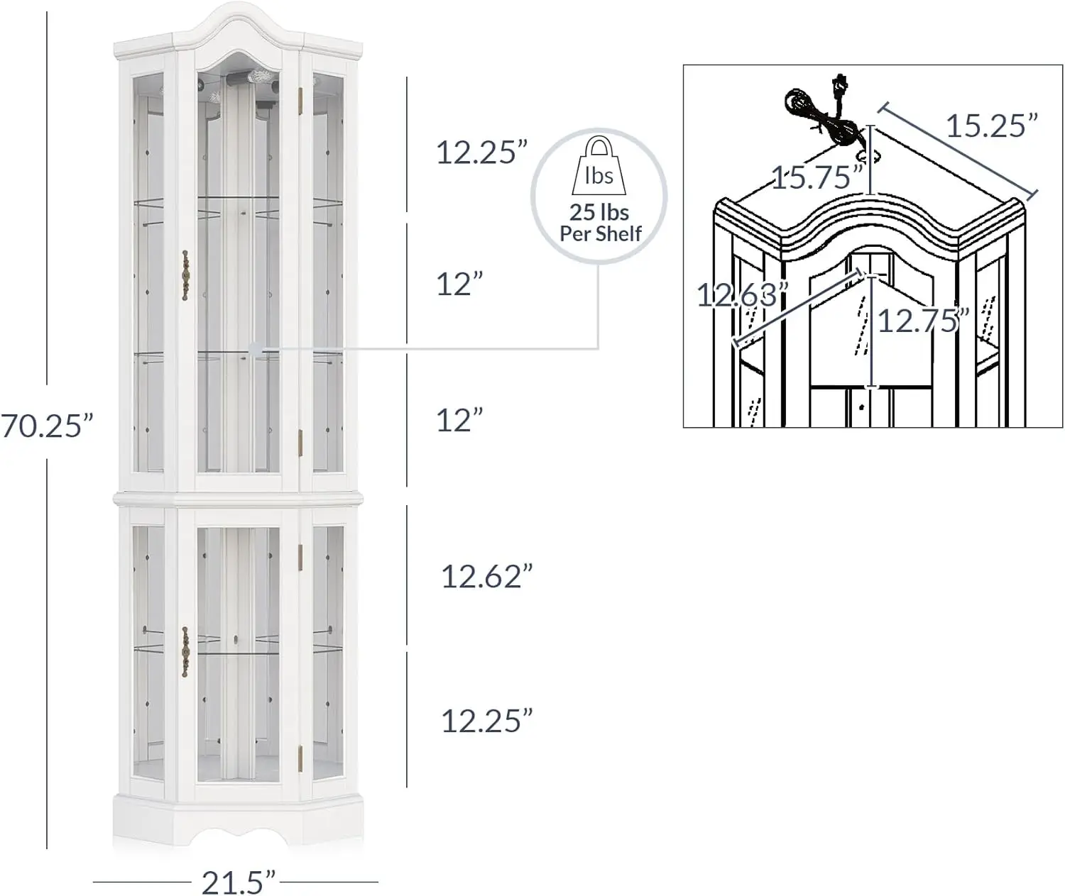 Belleze Lighted 3-Side Glass Display Curio Cabinet W/ Tempered Glass Doors And Shelves, Curved Wood Corner Cabinet With Bulb,