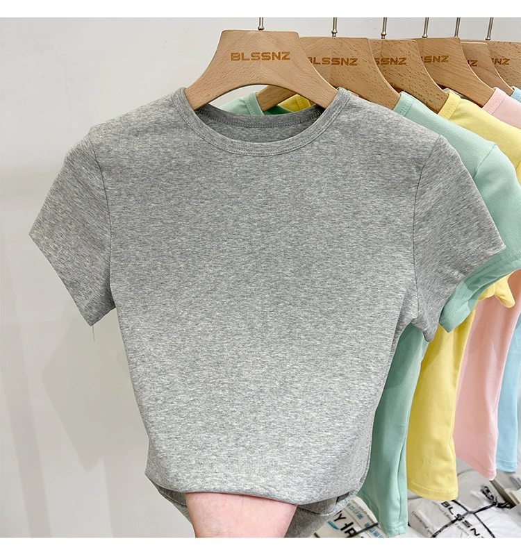Zjaiss 2026 Sommer Neues Design Slim Fit Basic Top Trendiges Damen Baumwoll-Kurzarm-T-Shirt Einfarbig Vielseitiges O-Neck Tee – Detail 38