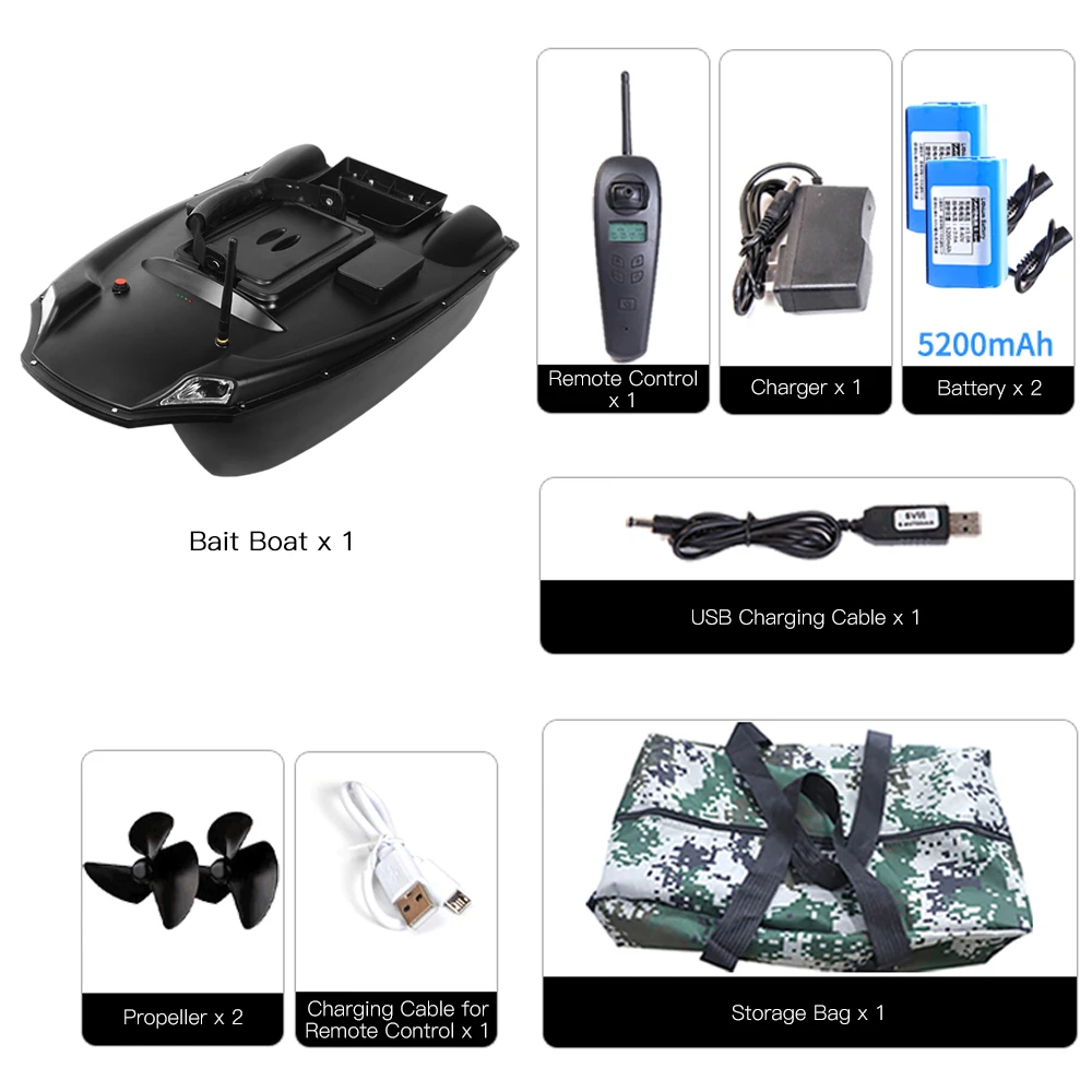 Bateau Appât RC Double Moteur – Portée 500 M – Bacs 1,5 Kg – Batterie 12000 MAh – Étanche – Veilleuse Bleue – Pour Pêche En Eau Libre
