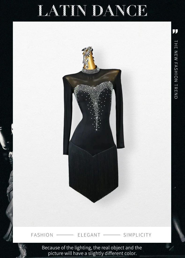 Lateinamerikanisches Kleid, Damen-Übungskleidung, Ballsaal-Tanz, für Erwachsene, Partys, Kabarett, Wettbewerbsanzug, Sportkleid, Mädchen, lange Ärmel, Kostüm – Detail 2