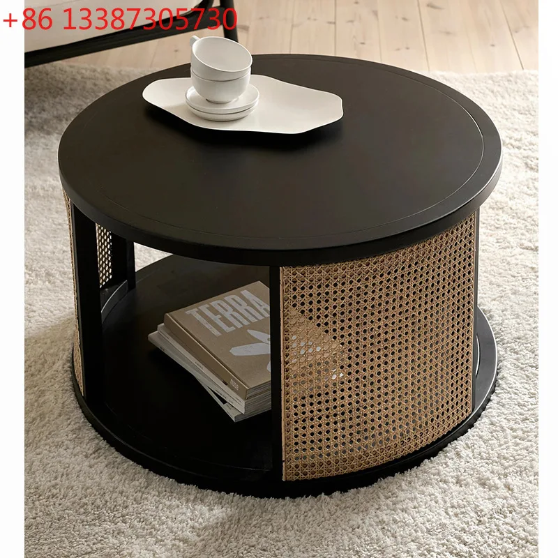 

Coffee table, solid wood, double-layer round table, rattan B&B, a few furniture
