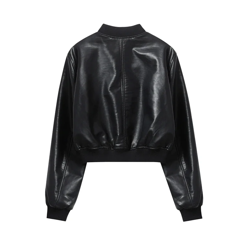 

Women's 2024 new Pure black vintage imitation leather bomber jacket coat top women's style