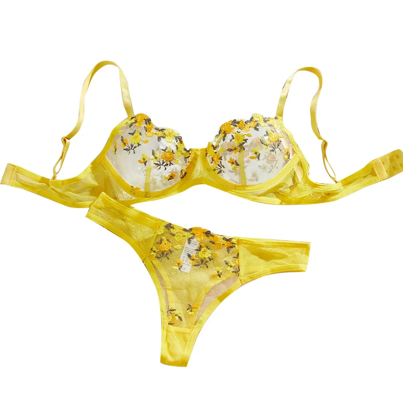 Fée jaune Lingerie Sexy femmes Bralette transparente 2 pièces ensembles de sous-vêtements broderie florale soutien-gorge Push Up culotte et culotte ensemble