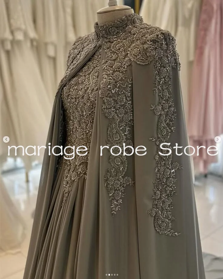 Silver Grap Muslim Caftan Morocco Prom Dresses with Cape Sleeve Luxury Embroidery Lace Customsized Kaftan Evening Gown