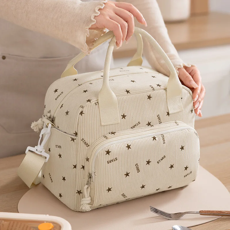 Corduroy Lunch Bag Thermal Insulation Lunch Box Storage Handbag Crossbody Multifunctional Kid School Cooler Bag Picnic FoodPouch