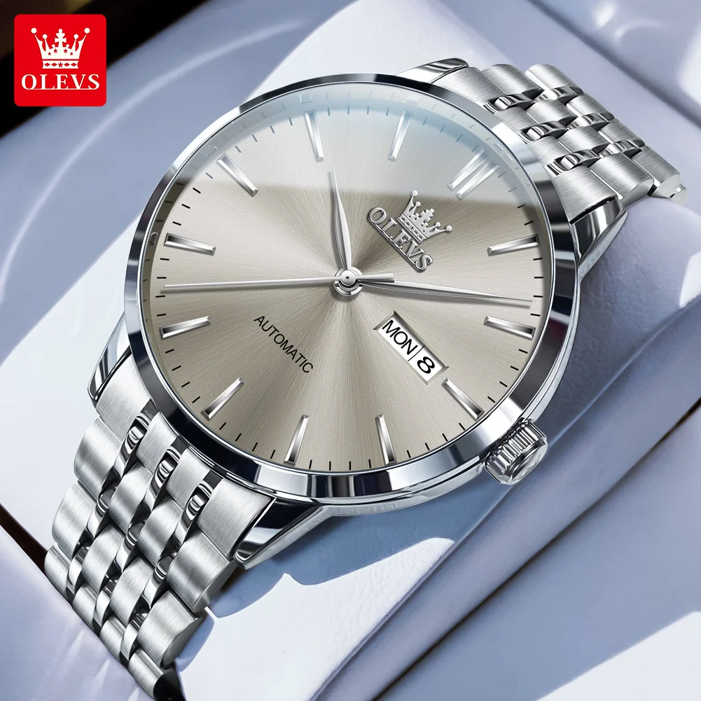 

OLEVS простые модные мужские часы с ремешком из нержавеющей стали, оригинальные автоматические механические часы для мужчин, водостойкий светящийся календарь