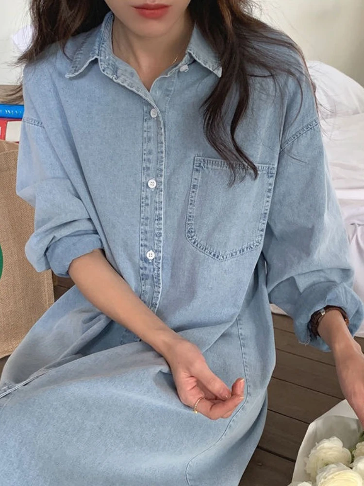 New in Spring Summer Women Casual Shirt Dress Loose Long Sleeve Cardigan Dress Korea Ladies POLO Collar Denim Shirt Long Dresses