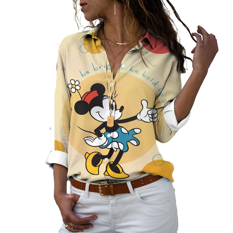 

2024 Minnie Cartoon Pattern Print Fashion New Street Harajuku Women's Long Sleeve Shirt Lapel Cute Casual Shirt