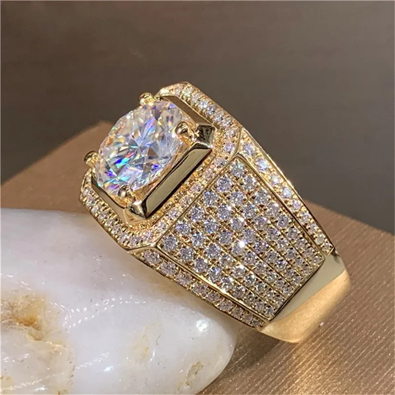 Anillo Clásico Solitario para Hombre con Moissanita de Laboratorio de 2CT, Plata de Ley 925, Chapado en Oro de 14K, Joyería para Dedo para Bodas y Fiestas