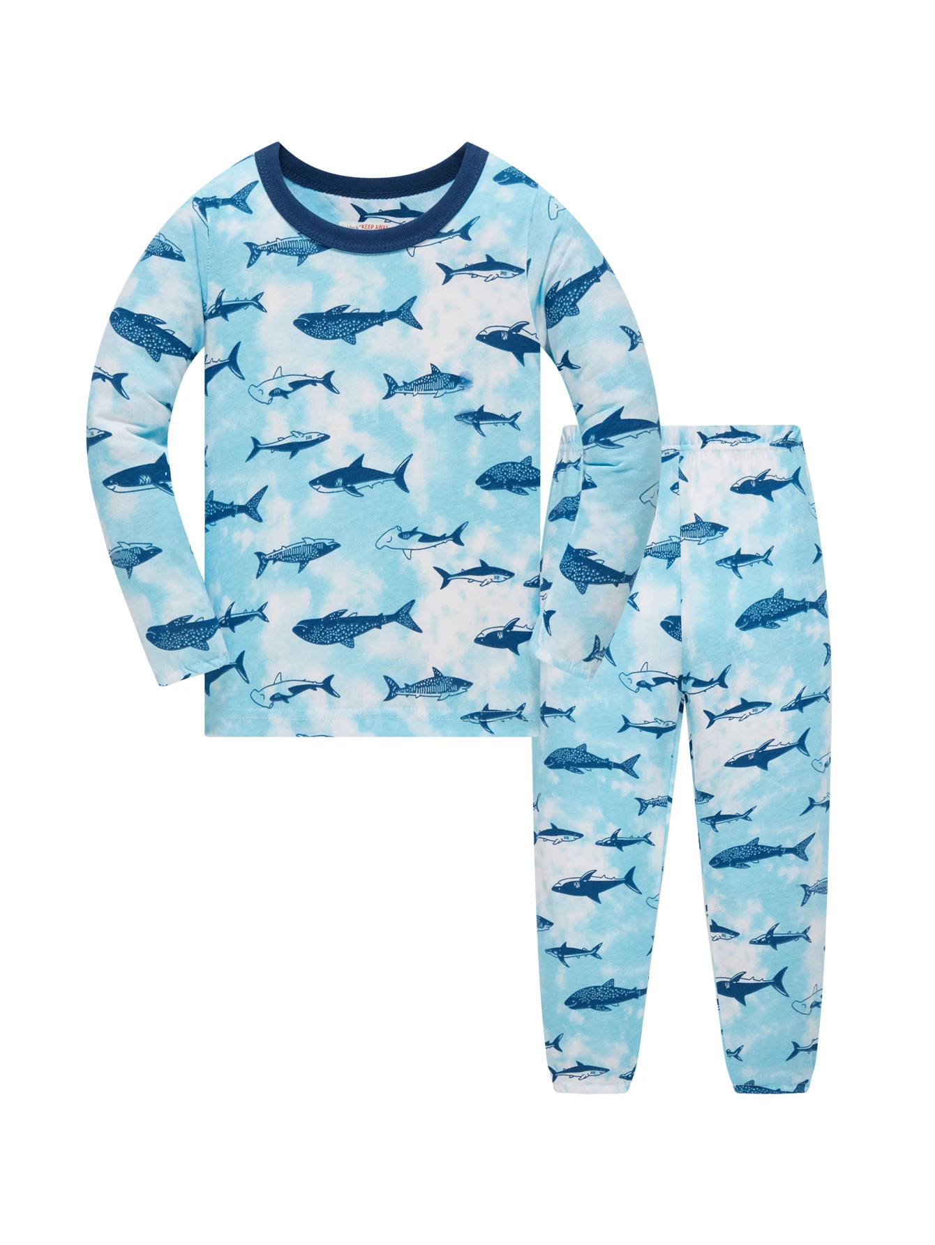 Children's 100% Cotton Sleepwear Set with Full Printed Cartoon Shark Long Sleeved Long Pajamas for Children Aged 1-8 2Ps
