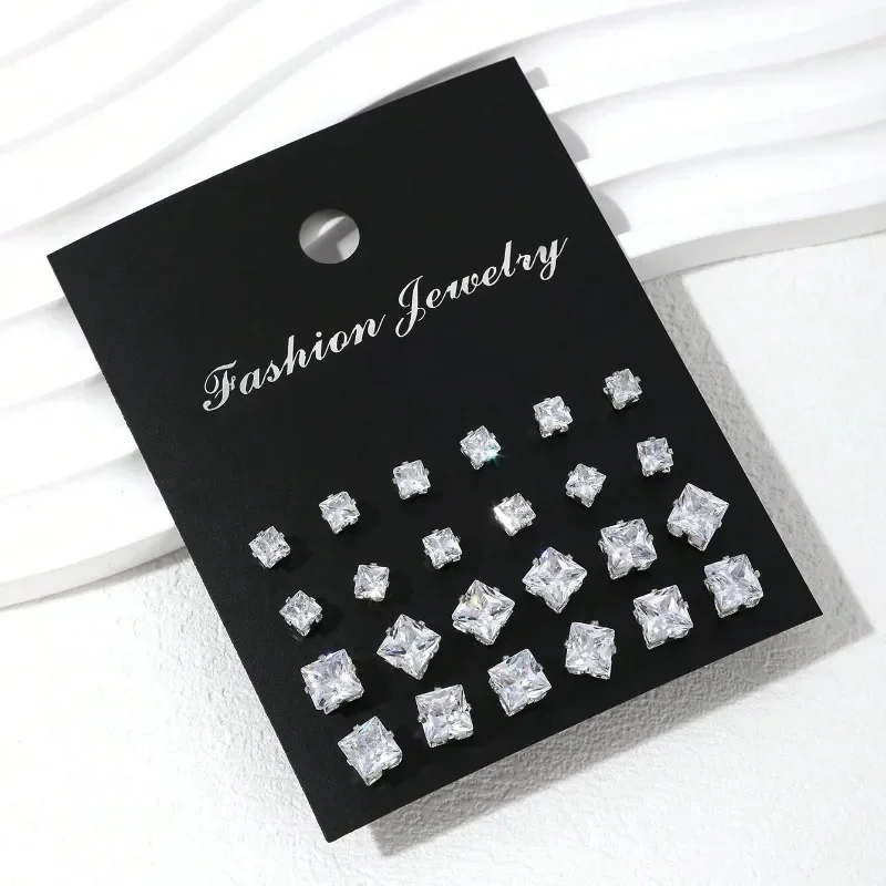 12 Pairs of Fashionable and Simple Square Zircon Earrings Set for Both Men and Women, Suitable for Daily Wear