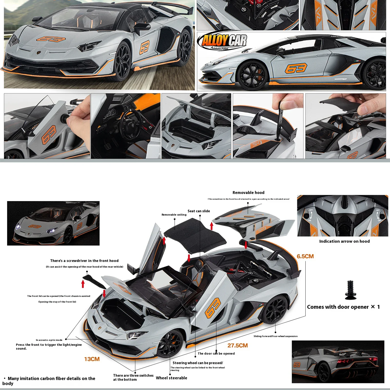 1:18 Lamborghini SVJ 63 Model Diecasts & Toy car Metal Model Sound and Light Car Toys Collectibles For Childrens Gifts G95