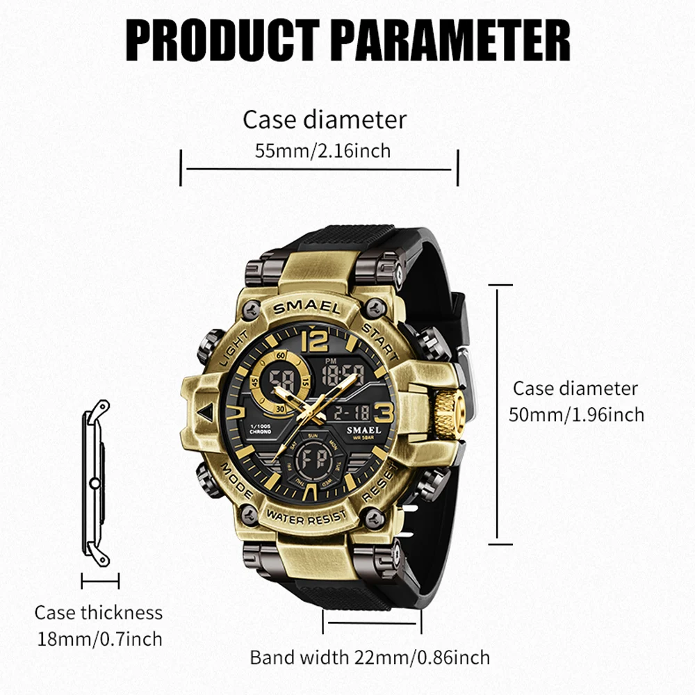 SMAEL New Watch Men Fashion Bronze Zinc Alloy Case Double Display Wristwatch Man Military Sport Style LED Quartz Watch Male Gift - view 6