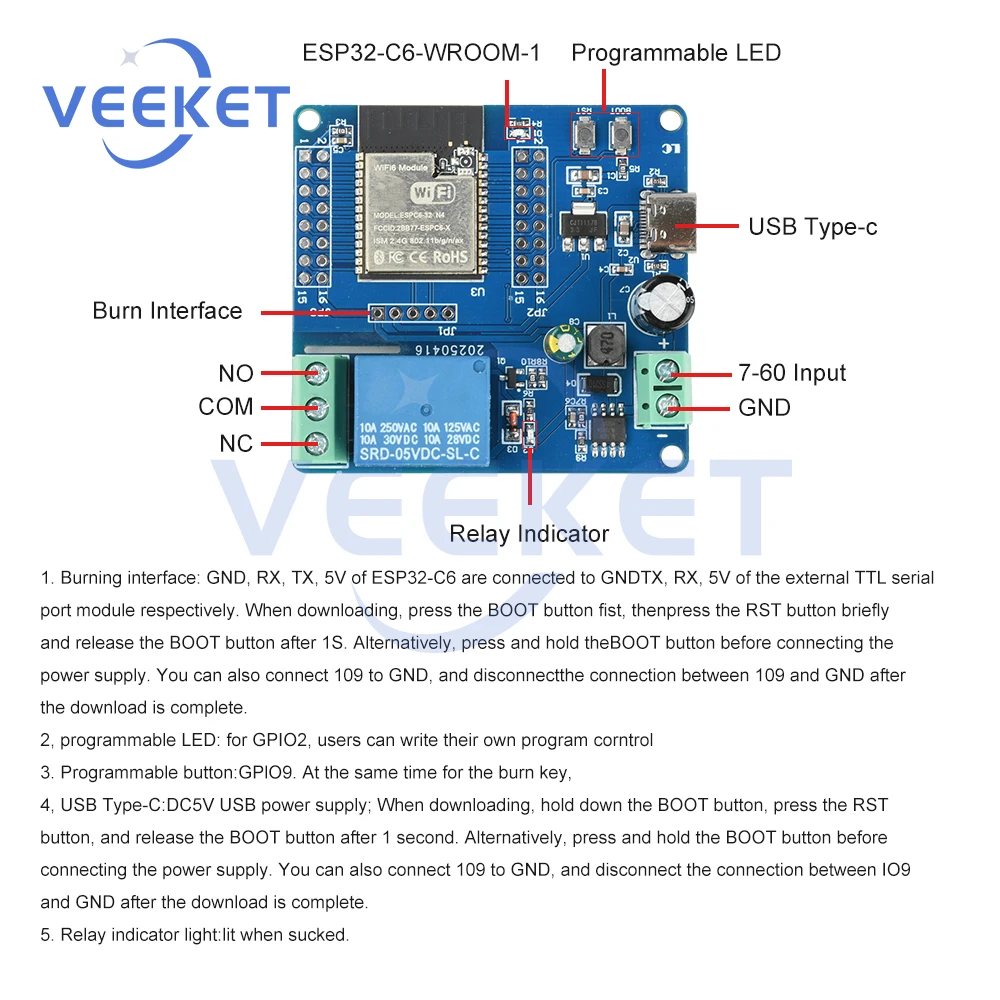 DC5-60V Type-C 5V ESP32-C6 WiFi Bluetooth 1 Channel Relay Module ESP32-C6 Development Board