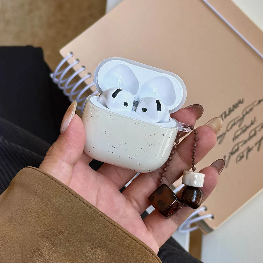 Aesthetics Beige Dirty Spots Print Protective Earphone Case with Amber Beads Chain Soft Cover for AirPods 5 2 3 4 Pro Pro2 Cases