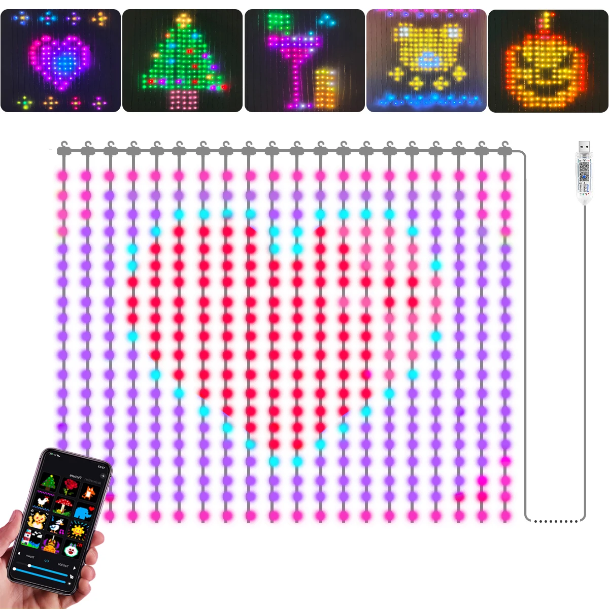 2M X 2M,3M X3M Curtain Strip LED String Lights 5V USB Multi-functional Smart Bluetooth Night RGB Lights for Indoor Outdoor Decor