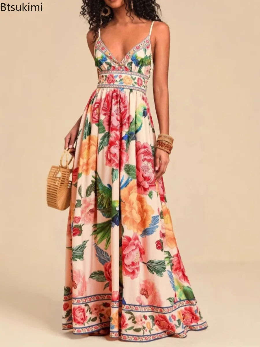 

2025 Summer Fashionable Halter Printed Long Dress Sexy Elegant V-Neck Print Party Beach Dress Fashion Street Bohemian Dresses