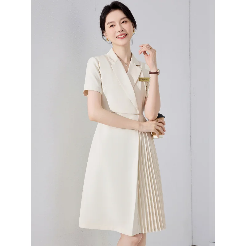 

Elegant summer thin suit dress with a slimming waistline, suitable for hosts and presenters, a formal and professional attire