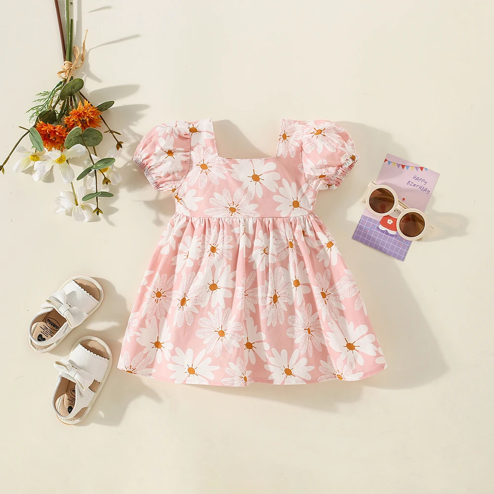 Summer Baby Girl Dress Fresh Flower Printed Dress Bow Cute Baby Girl Short Sleeved Beach Dress (0-3 Years Old)