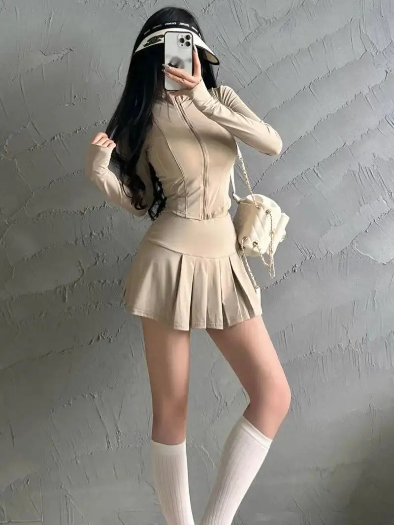 

Spicy Girl Tennis Sports Pleated Two Piece Skirt Set Short, Stand Up Collar Long Sleeve Fashion Sweet Women Tops 2025 New 5M36