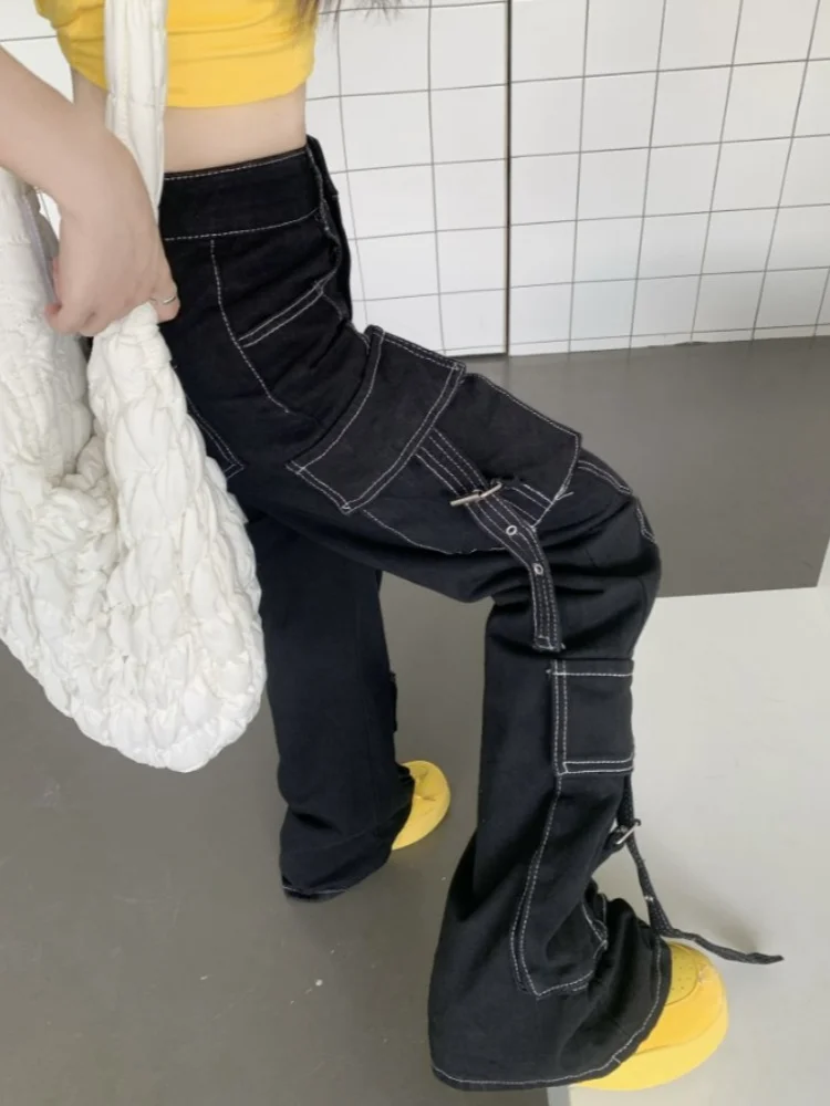 Deeptown Y2k Harajuku Streetwear High Waist Wide Leg Pants American Vintage Pockets Bandage Solid Loose Denim Trousers 2000s