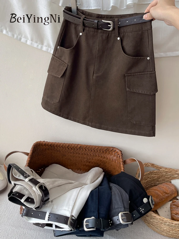 

Beiyingni, женская короткая юбка трапециевидной формы в американском стиле с поясом, уличная осенняя однотонная мини-юбка Faldas в Корейском стиле с карманами-карго, женские