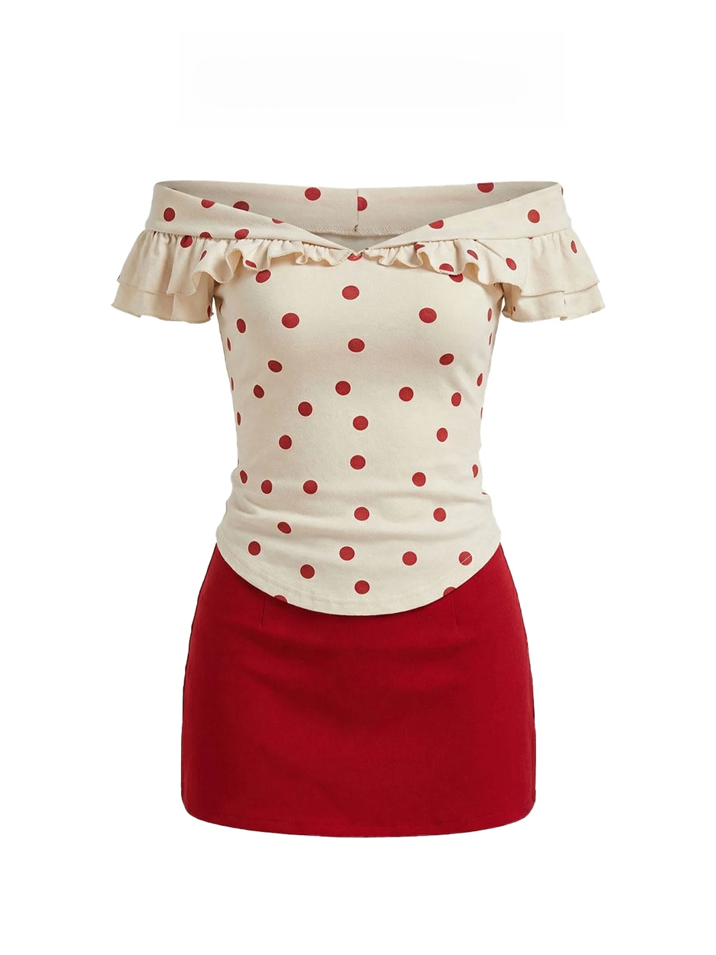 

Sweet And Spicy Polka Dot Asymmetrical Shoulder Ruffle Women's Summer Slimming Fit Two Piece Set High Waist Shorts