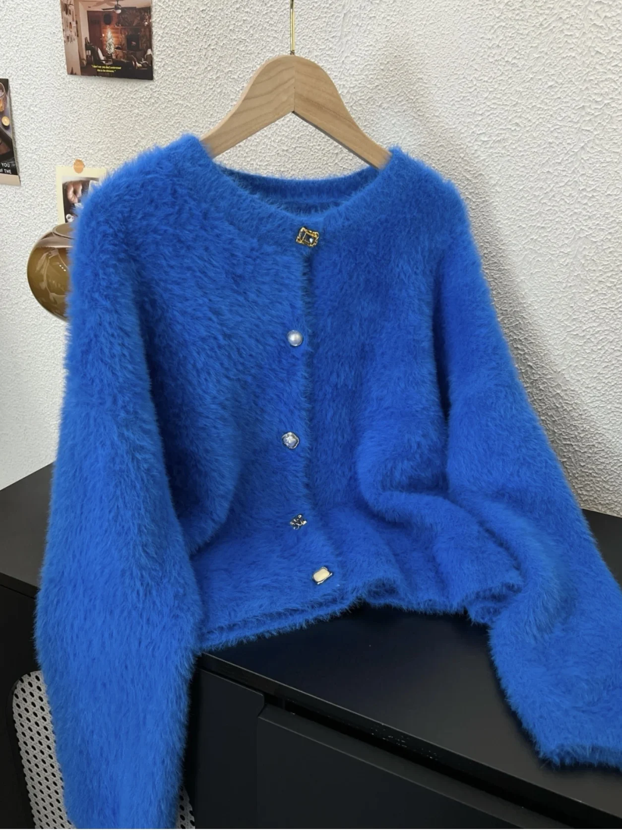 

Klein Blue Knitted Sweater Coat Women's Spring Autumn Inner Wear Outer Wear Loose Fit Button Detail Long Sve round Ne