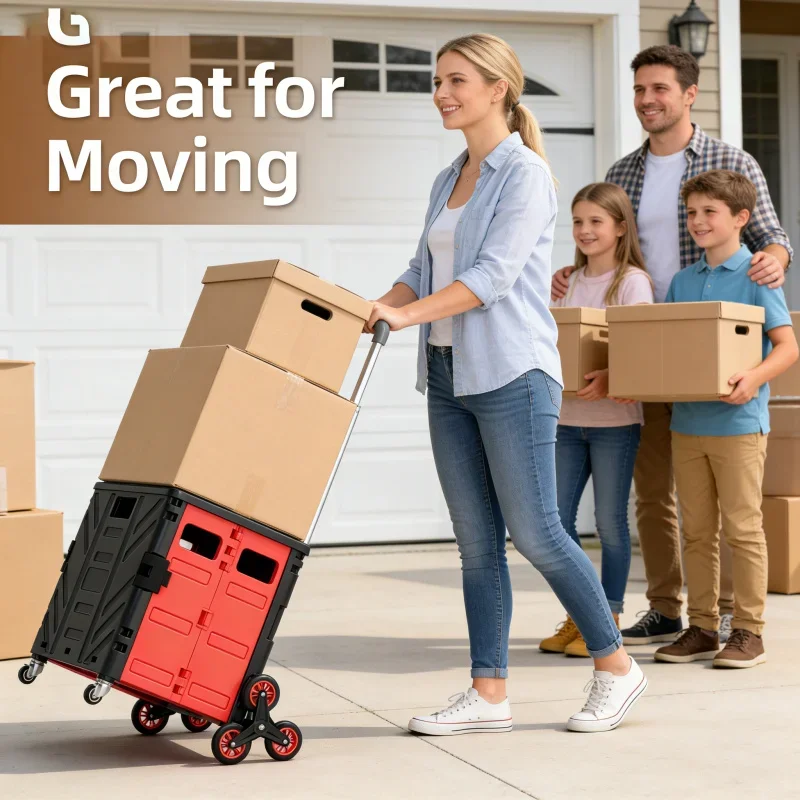 

8-Wheel Stair Climbing Folding Trolley 50L Medium Capacity Portable Trendy Cart for Grocery Package Delivery Black Red with Cov