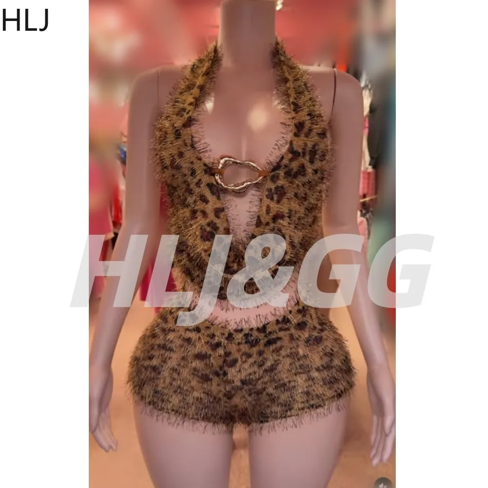 

HLJ Y2K Sexy Leopard Print 2 Piece Set Halter Deep V Crop Top and Mini Shorts with Gold Buckle Clubwear Streetwear Clothing New