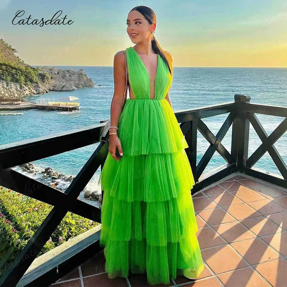 

Catasdate A Line Formal Evening Dress Tulle Sexy V Neck Multilayers فساتين مناسبة رسمية for Women Customized
