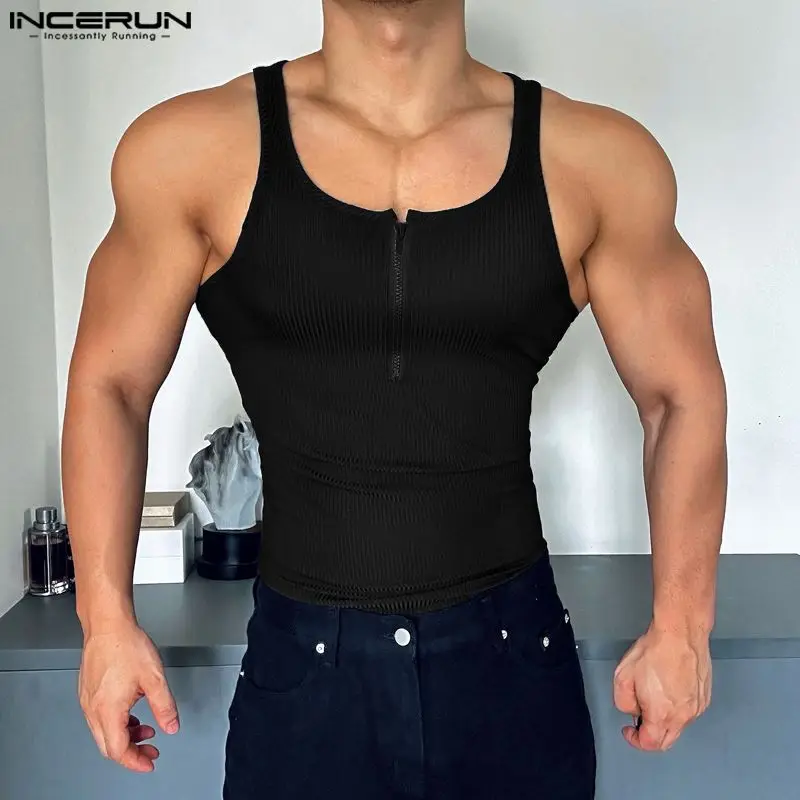 INCERUN Tops 2024 American Style Fashion New Men\'s Striped Zipper Design Vests Casual Streetwear Male Solid Sleeveless Tank Tops