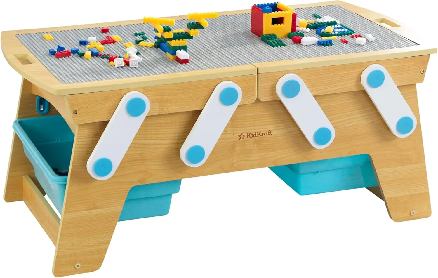 Kidkraft-Juego de bloques de construcción para niños, mesa de madera, almacenamiento de juguetes para niños con contenedores, más de 200 bloques de construcción incluidos, Natural