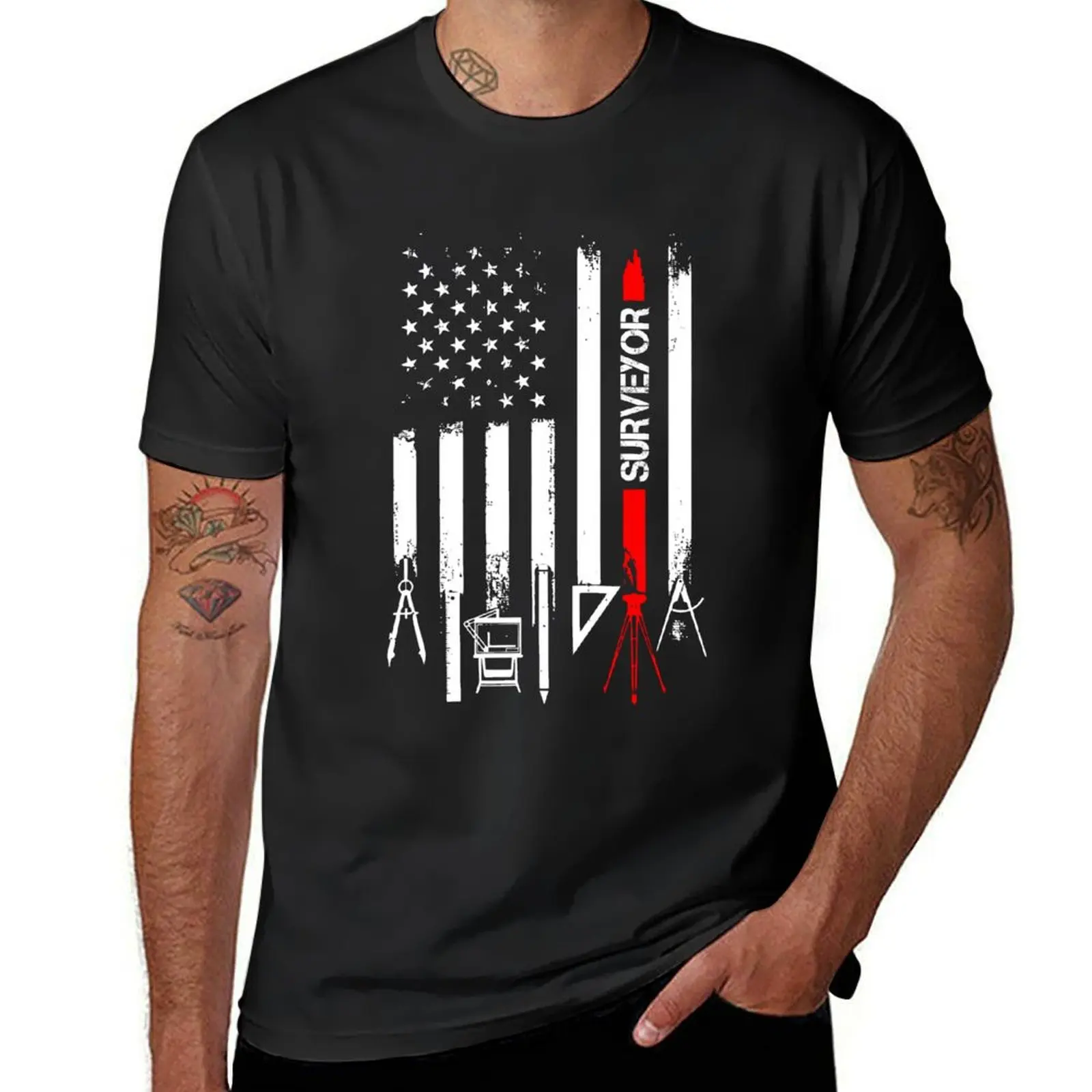 American Flag with Surveyor T-Shirt boys animal print Aesthetic clothing t shirts for men pack