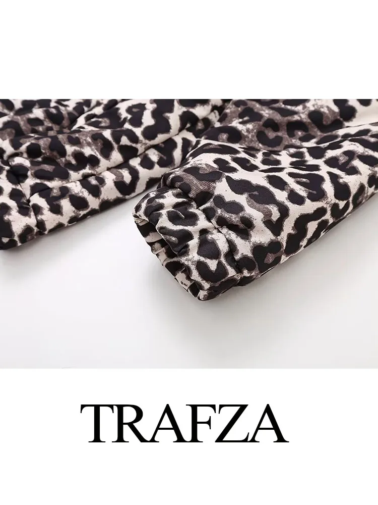 TRAFZA-Casacos de algodão estampado leopardo feminino, mangas compridas, decoração com zíper, bolsos soltos, moda casual, inverno