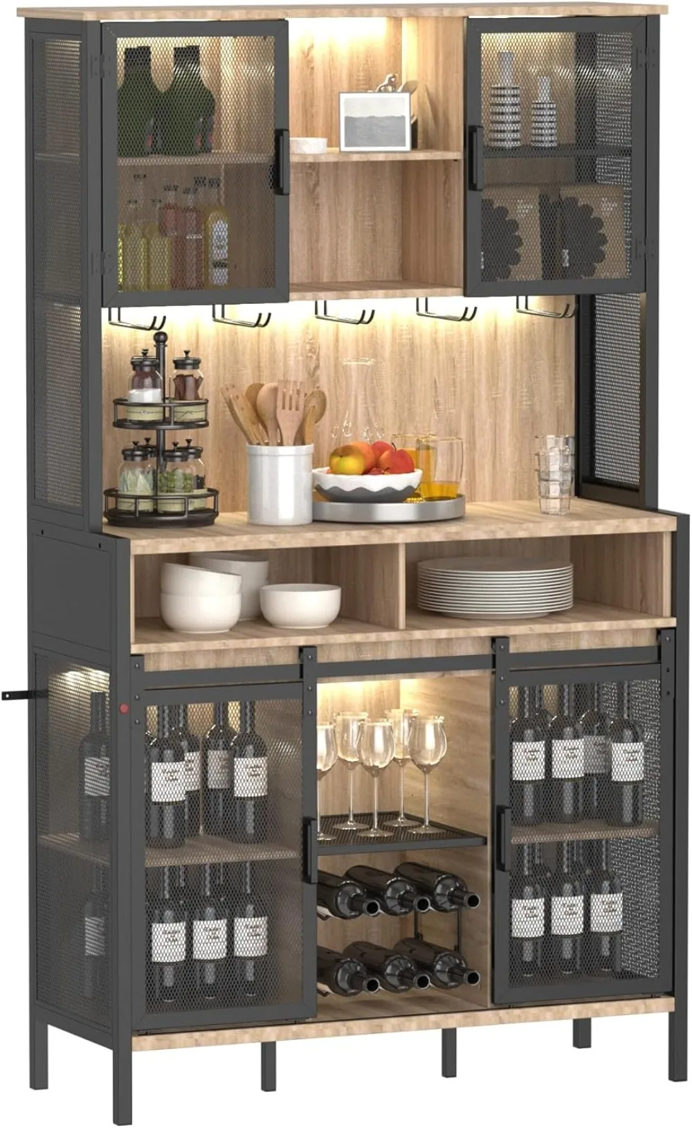 Armário de bar de café e vinho QNICE de 72 "com porta deslizante de celeiro, armário de buffet de fazenda com rack de vinho e suporte de vidro, LED