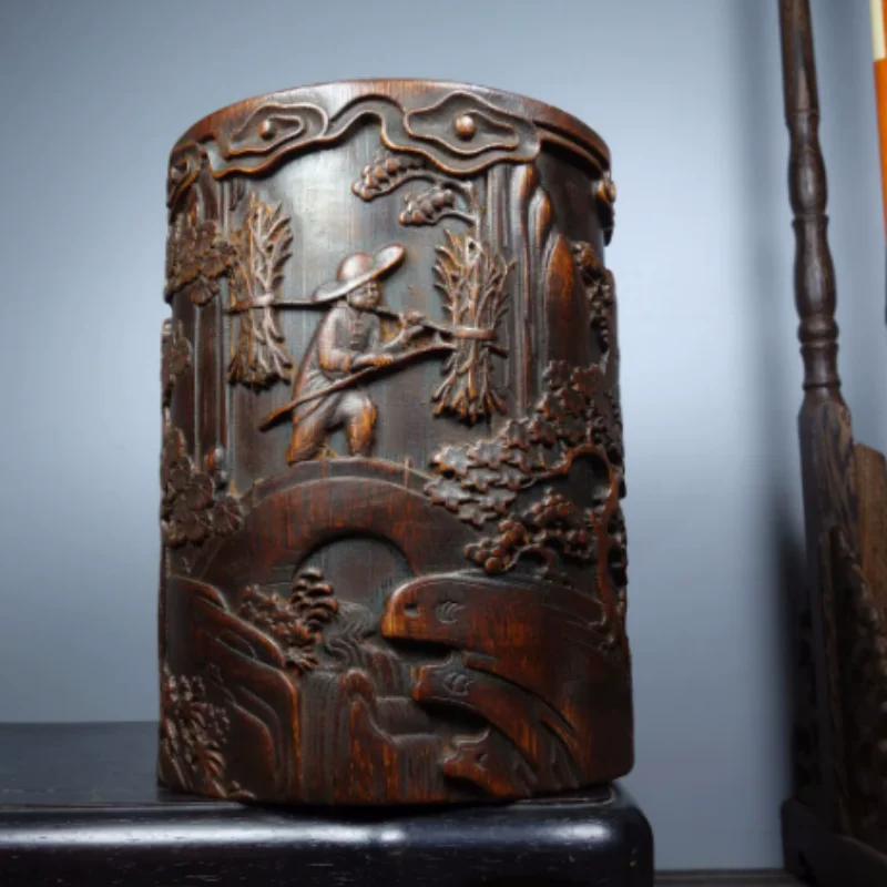 

Vintage Bamboo Carved pen holder Brush Pot with Figurative Landscape Relief - Traditional China Wood Artwork, Study Desk Decor
