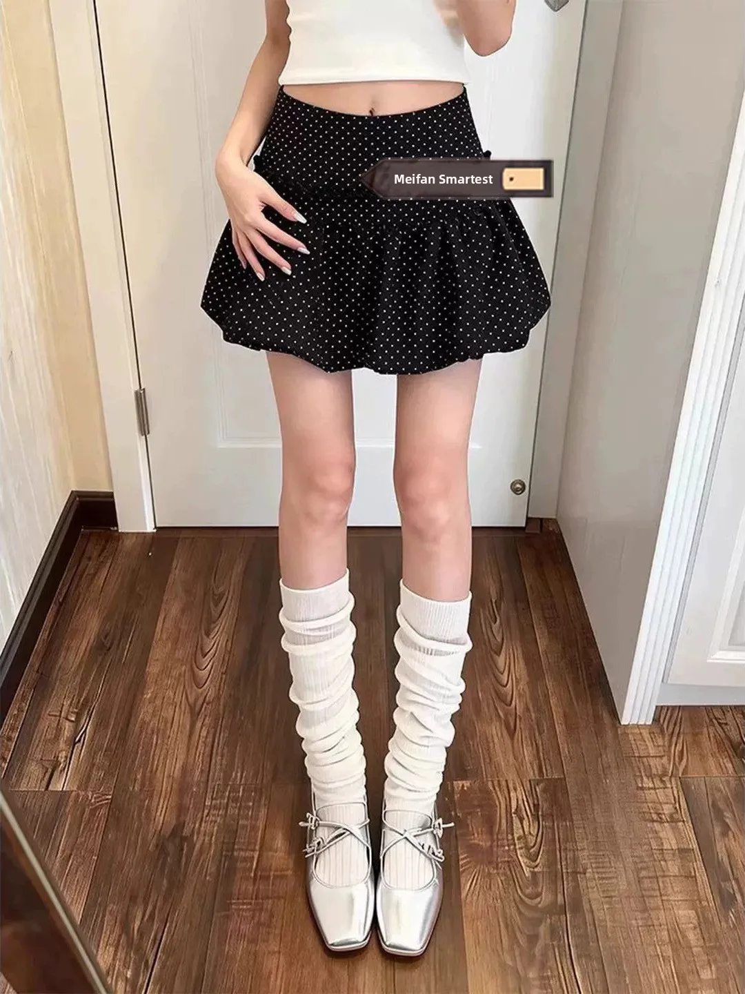 Black Polka Dot Flower Bud Skirt Short Women's Slim Fit A-Line Half Skirt Puffy Lantern Skirt Pants Summer Vintage Style