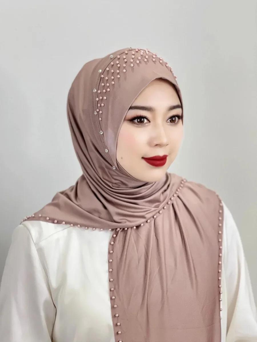 Eid Ramadan Women Muslim Hijab Beaded Arab Long Hijabs Paryer Headscarf Soft Easy To Wear Turkish Head Wrap Scarf 2024