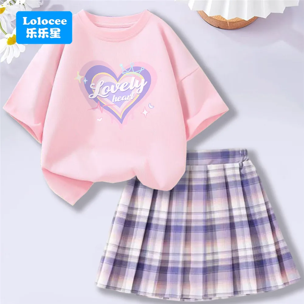 4-14Y Girl School Outfits Short Sleeve Heart Shape T-shirt and Elastic Waist Plaid Skirt 2pcs Sets For Children Preppy style