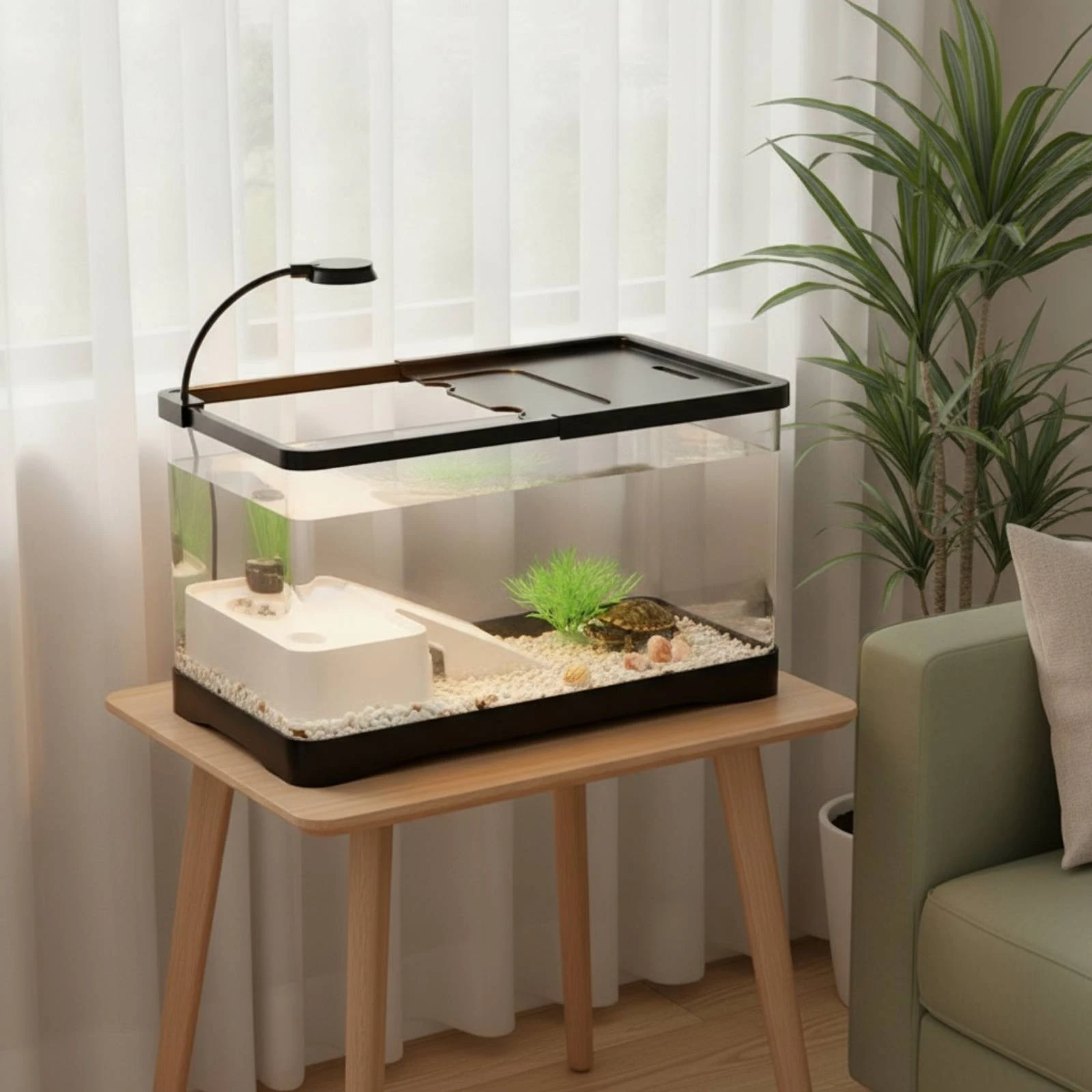Desktop Aquarium Easy-Drain Aquarium with Drainage Aquatic Pet Tank with Lid Transparent Plastic for Beginners, Office