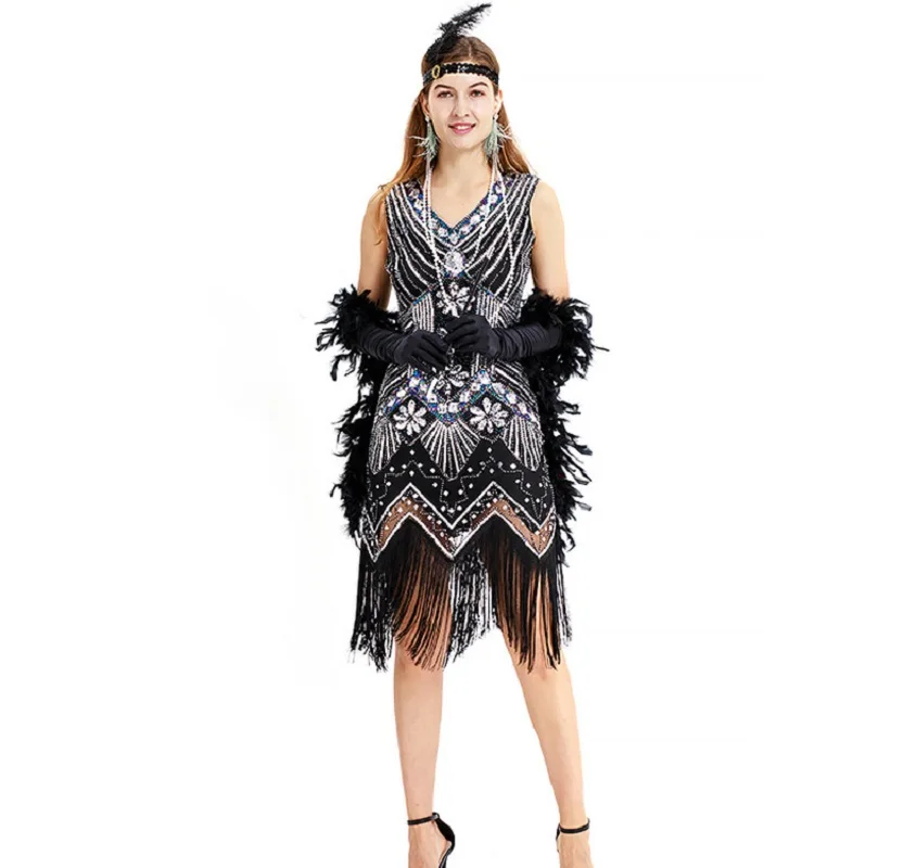 1920S Flapper Vintage Jurk Met 20S Accessoires Set Great Gatsby Feestavond Pailletten Omzoomd Rok