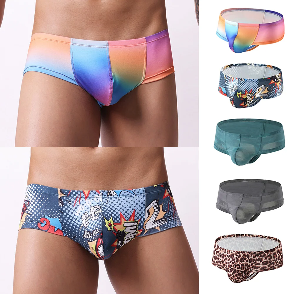 Men Gradient Color Printed Boxer Shorts Jockstrap Low Rise Penis Pouch Sexy Underwear Male Summer Breathable Panties Underpants