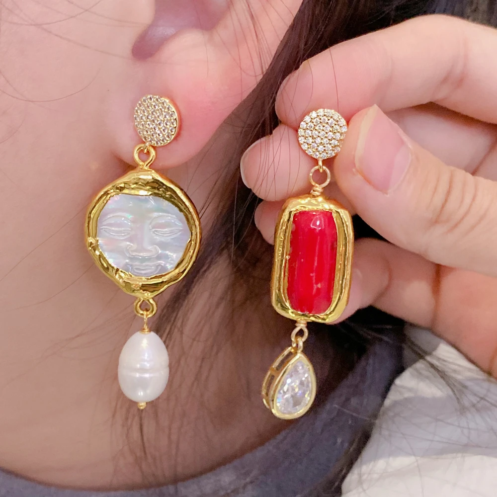 21mm carved face shape Sea Shell  Freshwater Rice Pearl Red Coral Cz Stud Drop Asymmetric Earrings