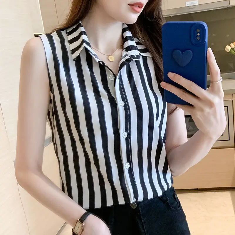 Summer New Black White Striped Sleeveless Casual Shirts Polo Neck All-match Loose Button Tops Fashion Vintage Women Clothing