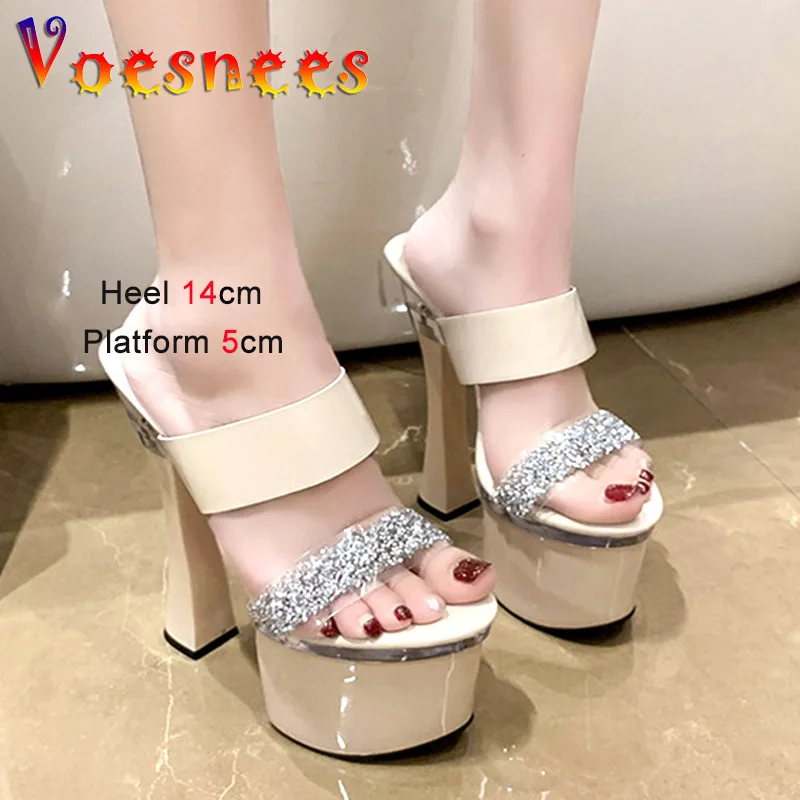 Shiny Rhinestone Fashion Women Shoes Summer Thick Platform Sandals Plus Size Europe And America Slippers Sexy Model High Heels