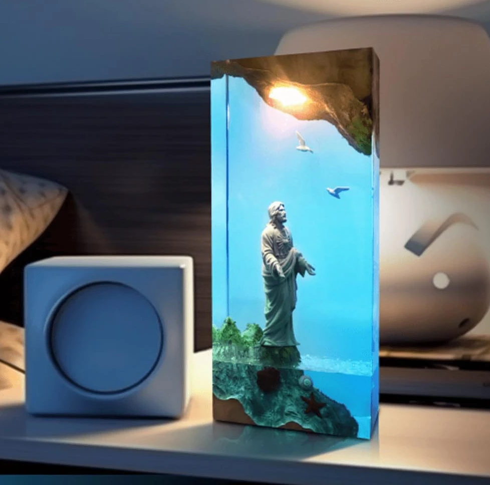 NN 2026 Handmade Solid Wood Epoxy Resin Night Light Faith Themed Desktop Lamp Exquisite Handicraft Easter Decor Gift