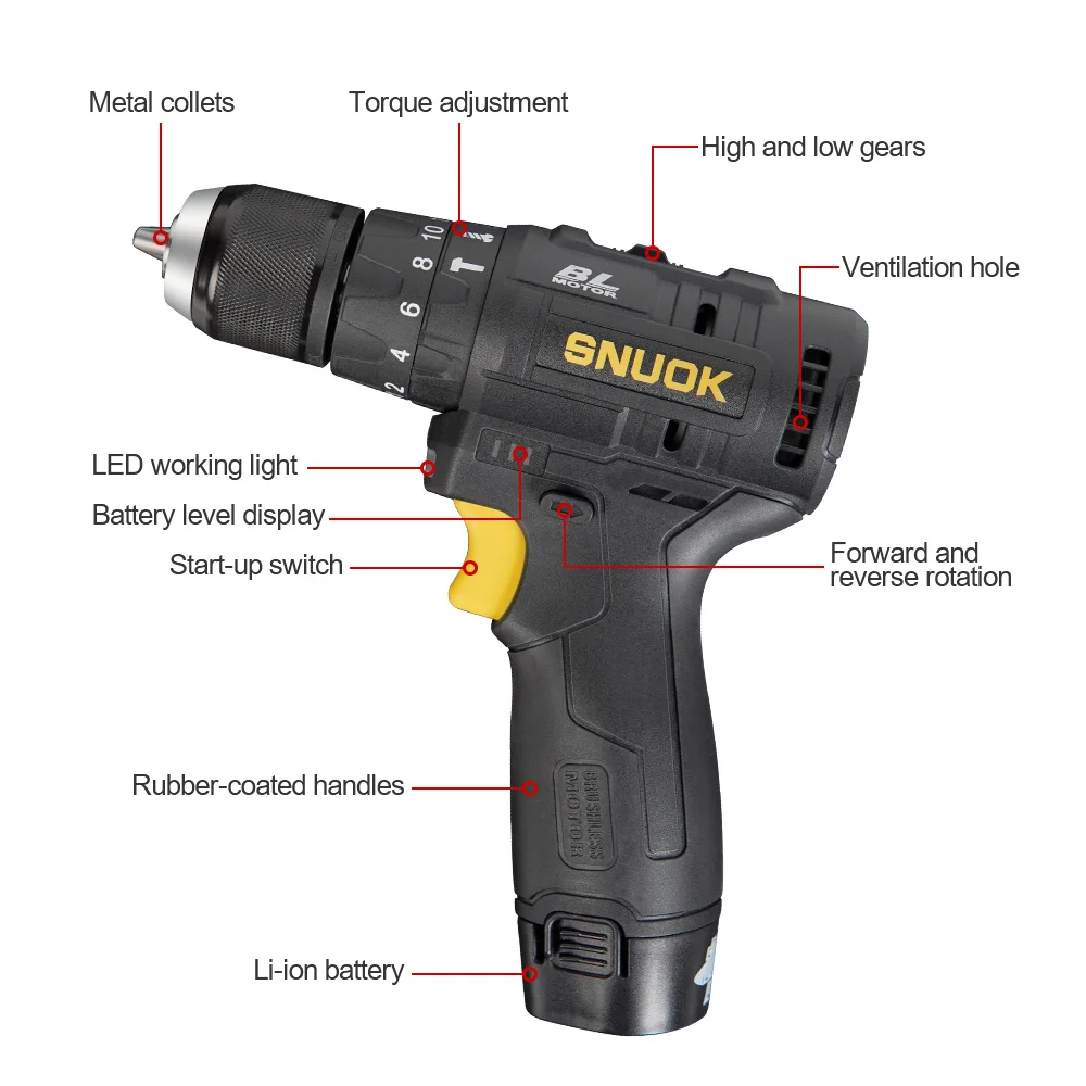 SNUOK 35N.m Brushless Electric Drill with 2.0Ah Battery  Home DIY Electric Screwdriver Car Repair Tool For Makita 10.8V Battery