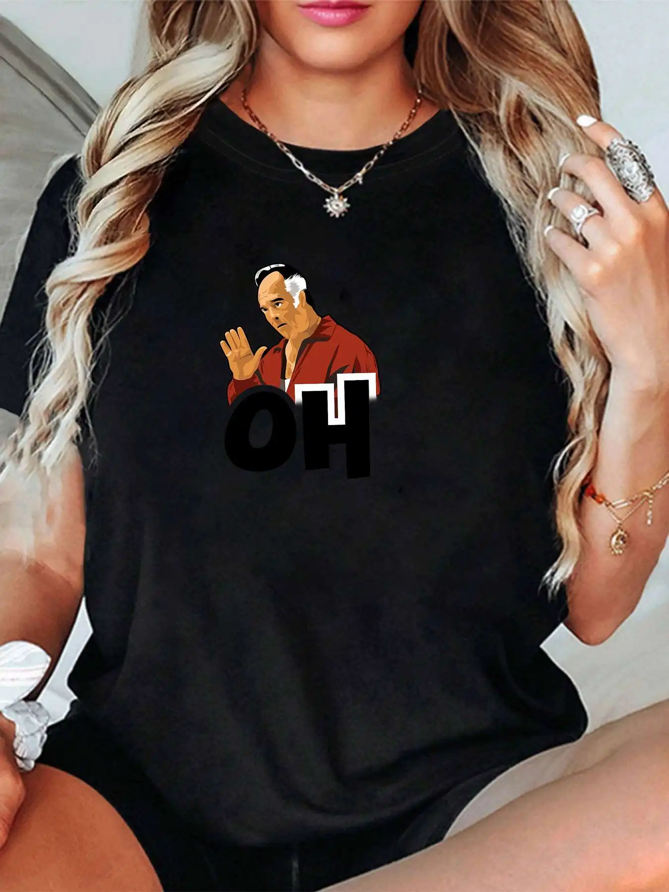 【1142424】 T-shirt à manches courtes et col rond pour femme, grande taille, avec demi-manches élastiques et imprimés tendance